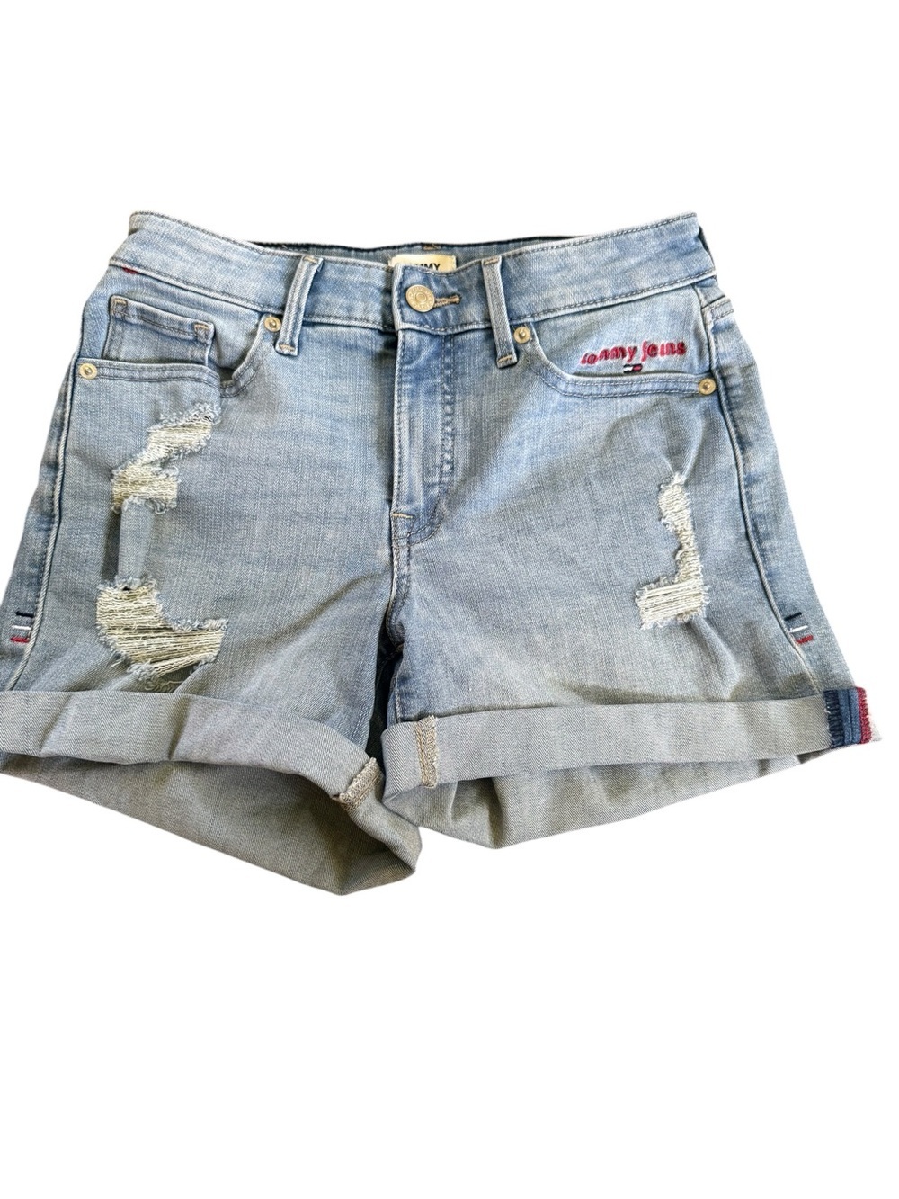 Womens Tommy Jeans stretchy distressed cuffed mid rise denim shorts EUC Size 4